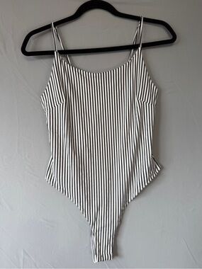 Mind Code Womens Striped Thong Bodysuit L White Black Adjustable Spaghetti Strap